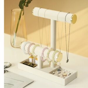 Cream Linen and Gold a2-tier jewelry display stand With Ring Holders